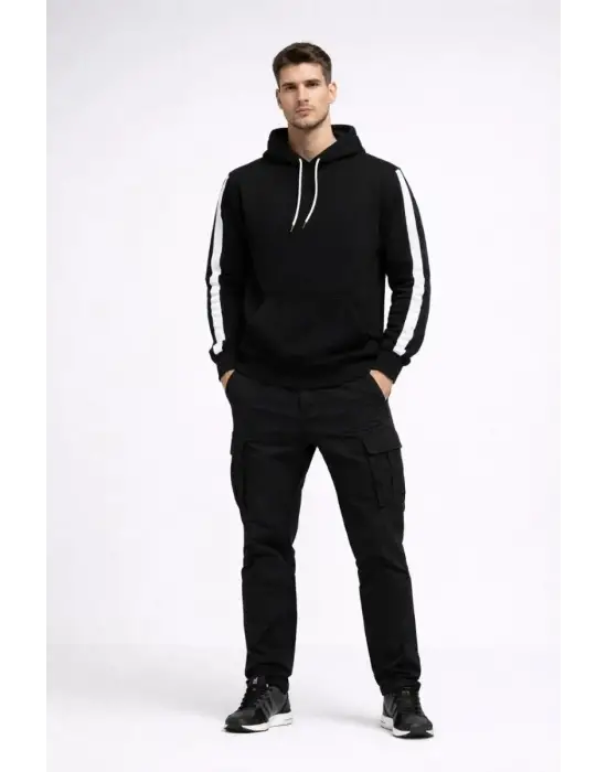 SBRD- Erkek Şeritli Kapüşonlu Sweatshirt Oversize 3 İplik Pamuklu Hoodie - Siyah