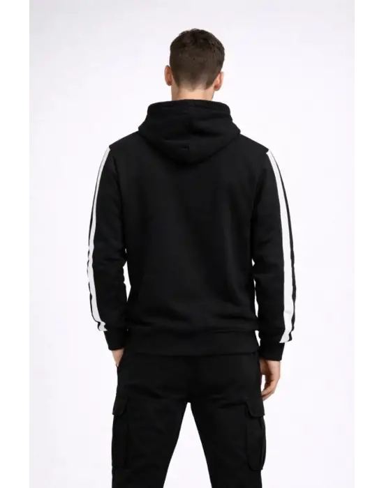 SBRD- Erkek Şeritli Kapüşonlu Sweatshirt Oversize 3 İplik Pamuklu Hoodie - Siyah
