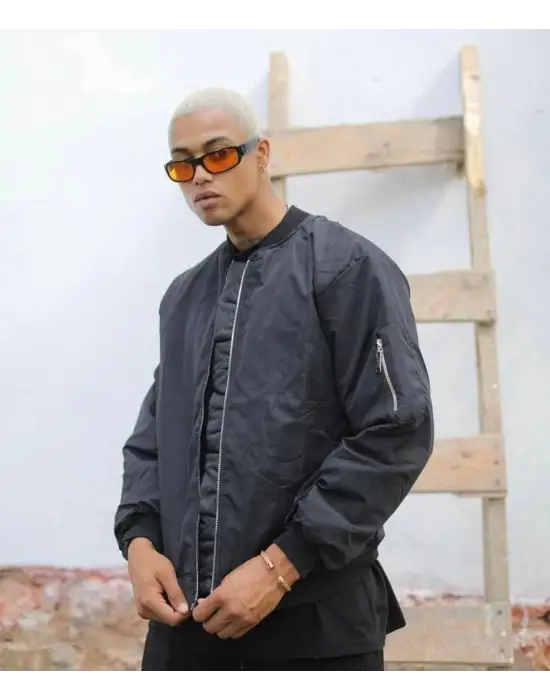 SBRD- Erkek Siyah Bomber Mont Su İtici Kapitone Astarlı Fermuarlı Ceket - Siyah