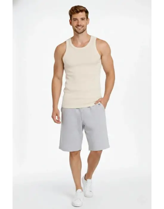 SBRD- Erkek Spor Slimfit Fitilli Kaşkorse Arka Basklı Atlet 2li Set Siyah-bej