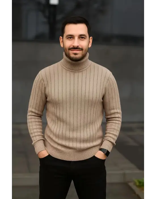 SBRD- Erkek Tam Boğazlı Balıkçı Yaka Triko Kazak Kalın Fitilli - Bej