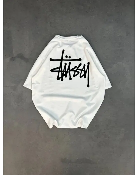 SBRD- Erkek Tişört Bisiklet Yaka Baskılı Oversize Kısa Kol T-shirt - Beyaz