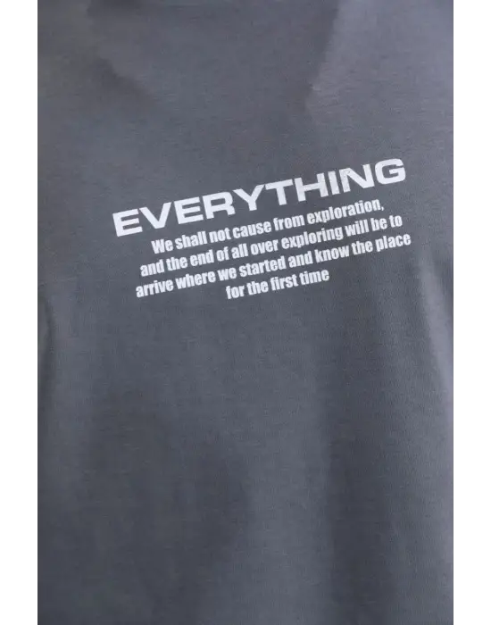 SBRD- Erkek Tişort  Bisiklet Yaka Baskılı Oversize T-shirt - Gri