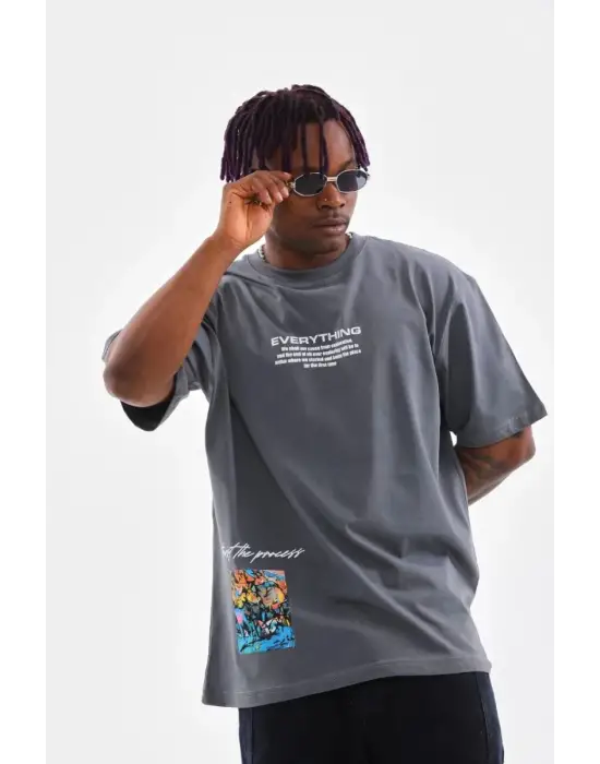 SBRD- Erkek Tişort  Bisiklet Yaka Baskılı Oversize T-shirt - Gri