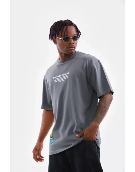 SBRD- Erkek Tişort  Bisiklet Yaka Baskılı Oversize T-shirt - Gri