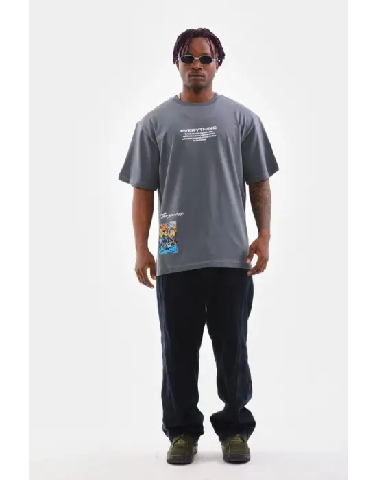 SBRD- Erkek Tişort  Bisiklet Yaka Baskılı Oversize T-shirt - Gri
