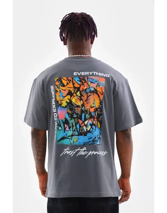 SBRD- Erkek Tişort  Bisiklet Yaka Baskılı Oversize T-shirt - Gri