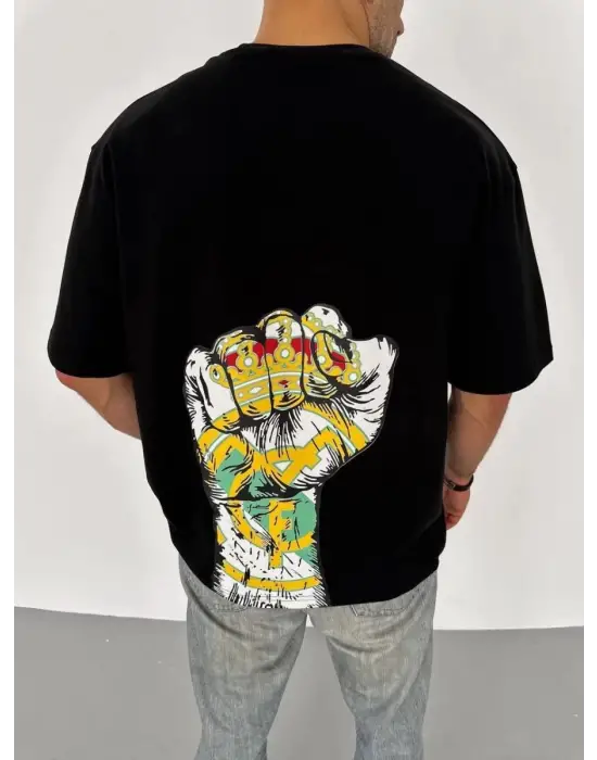 SBRD- Erkek Tişört Bisiklet Yaka Baskılı Oversize T-shirt - Siyah