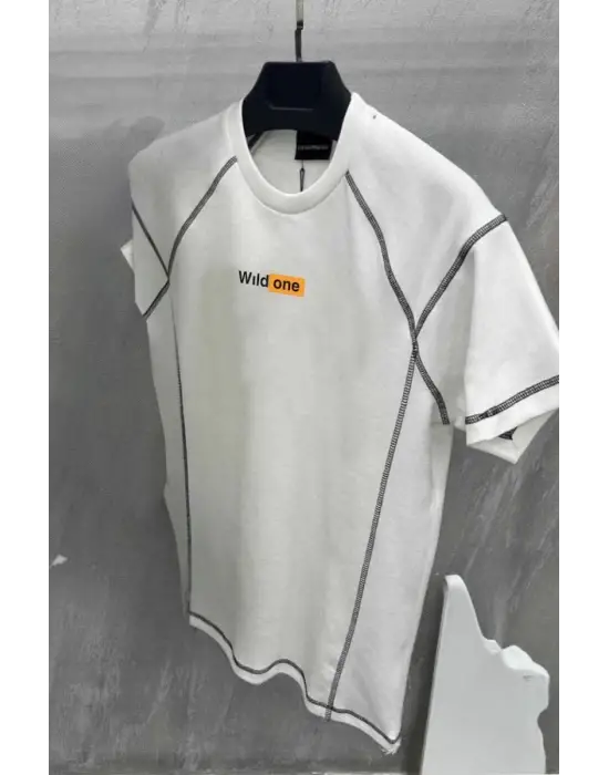 SBRD- Erkek Tişört Karoyaka Dikişli Oversize T-shirt - Beyaz