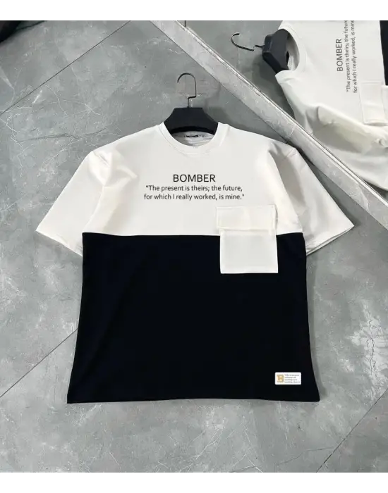 SBRD- Erkek Tişört Torba Cepli Parçalı Kısa Kol T-shirt - İyah