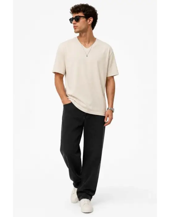 SBRD- Erkek V Yaka Basic Tişört Kısa Kol Yazlık Regular Fit T-shirt - Bej