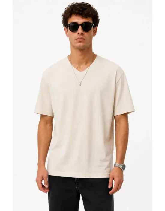 SBRD- Erkek V Yaka Basic Tişört Kısa Kol Yazlık Regular Fit T-shirt - Bej