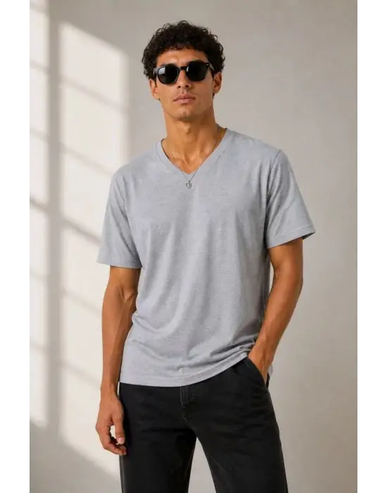 SBRD- Erkek V Yaka Basic Tişört Kısa Kol Yazlık Regular Fit T-shirt - Gri