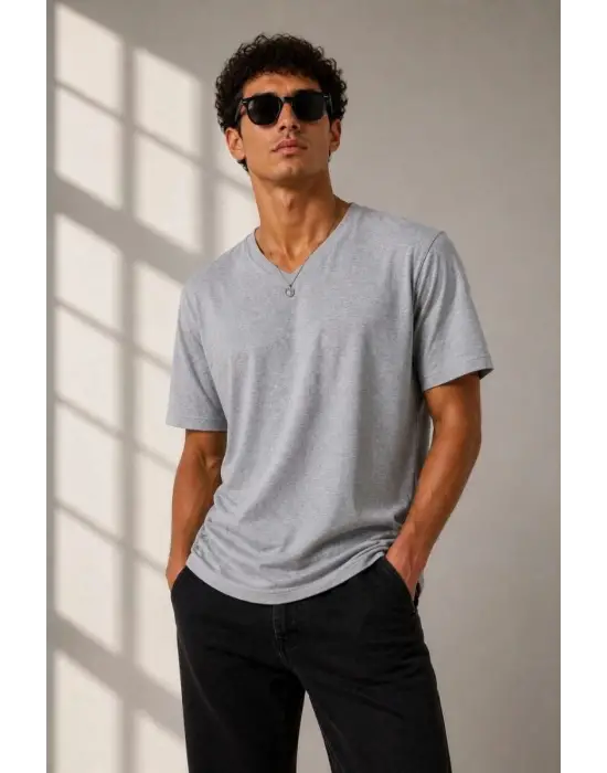SBRD- Erkek V Yaka Basic Tişört Kısa Kol Yazlık Regular Fit T-shirt - Gri