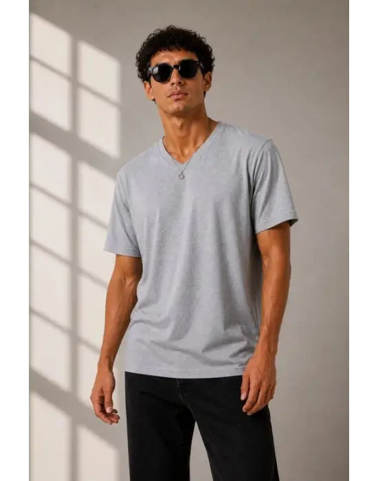 SBRD- Erkek V Yaka Basic Tişört Kısa Kol Yazlık Regular Fit T-shirt - Gri