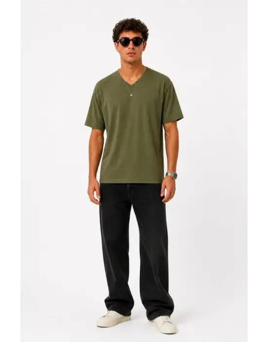 SBRD- Erkek V Yaka Basic Tişört Kısa Kol Yazlık Regular Fit T-shirt - Haki