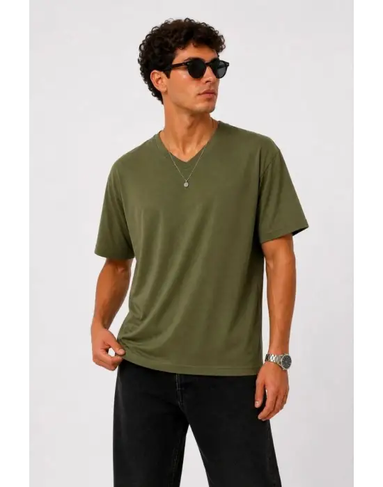 SBRD- Erkek V Yaka Basic Tişört Kısa Kol Yazlık Regular Fit T-shirt - Haki