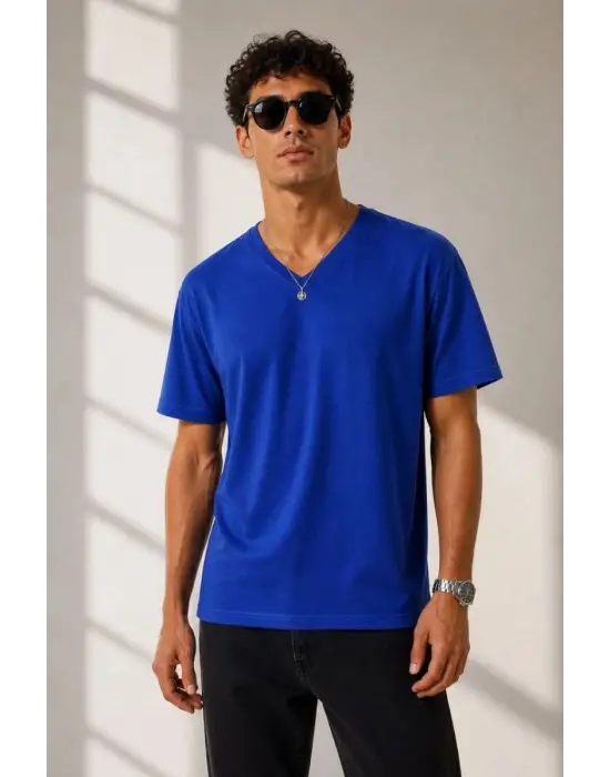 SBRD- Erkek V Yaka Basic Tişört Kısa Kol Yazlık Regular Fit T-shirt - Saks Mavisi