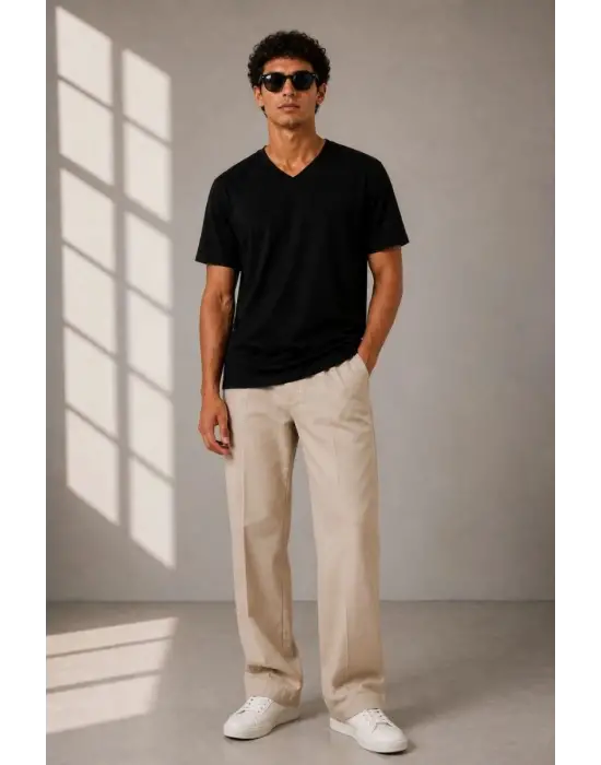 SBRD- Erkek V Yaka Basic Tişört Kısa Kol Yazlık Regular Fit T-shirt - Siyah