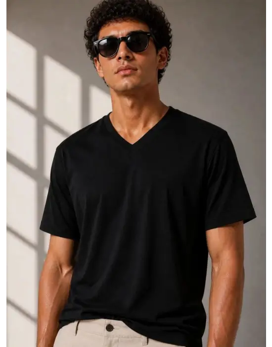 SBRD- Erkek V Yaka Basic Tişört Kısa Kol Yazlık Regular Fit T-shirt - Siyah