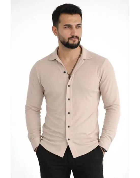 SBRD- Erkek Waffle Kumaş Uzun Kollu Düğmeli Açık Yaka Regular Fit Gömlek - Bej