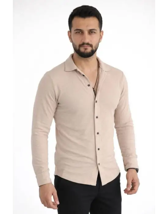 SBRD- Erkek Waffle Kumaş Uzun Kollu Düğmeli Açık Yaka Regular Fit Gömlek - Bej