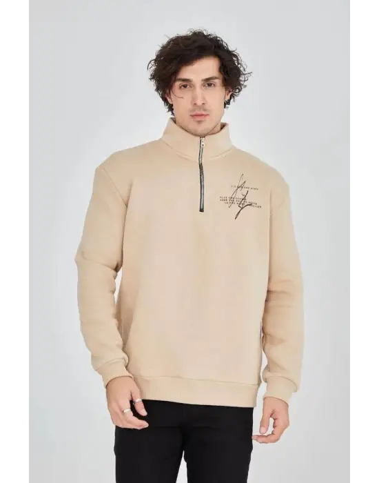 SBRD- Erkek Yarım Fermuarlı Baskılı 3 İplik Pamuklu Sweatshirt - Bej