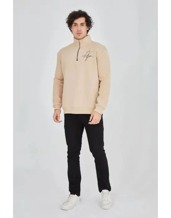 SBRD- Erkek Yarım Fermuarlı Baskılı 3 İplik Pamuklu Sweatshirt - Bej