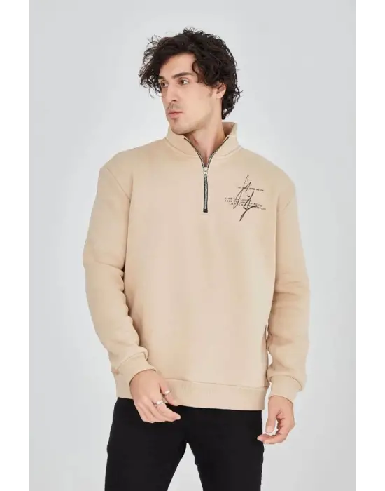 SBRD- Erkek Yarım Fermuarlı Baskılı 3 İplik Pamuklu Sweatshirt - Bej