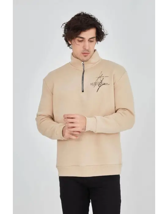 SBRD- Erkek Yarım Fermuarlı Baskılı 3 İplik Pamuklu Sweatshirt - Bej