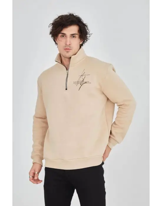 SBRD- Erkek Yarım Fermuarlı Baskılı 3 İplik Pamuklu Sweatshirt - Bej