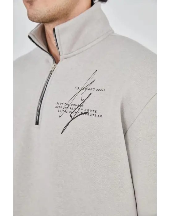 SBRD- Erkek Yarım Fermuarlı Baskılı 3 İplik Pamuklu Sweatshirt - Boyalı Gri