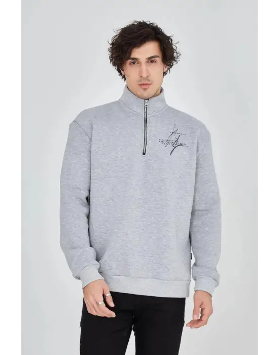 SBRD- Erkek Yarım Fermuarlı Baskılı 3 İplik Pamuklu Sweatshirt - Gri