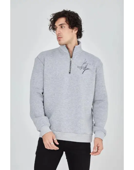 SBRD- Erkek Yarım Fermuarlı Baskılı 3 İplik Pamuklu Sweatshirt - Gri