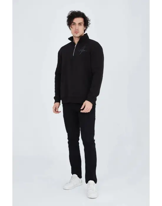SBRD- Erkek Yarım Fermuarlı Baskılı 3  İplik Pamuklu Sweatshirt - Siyah