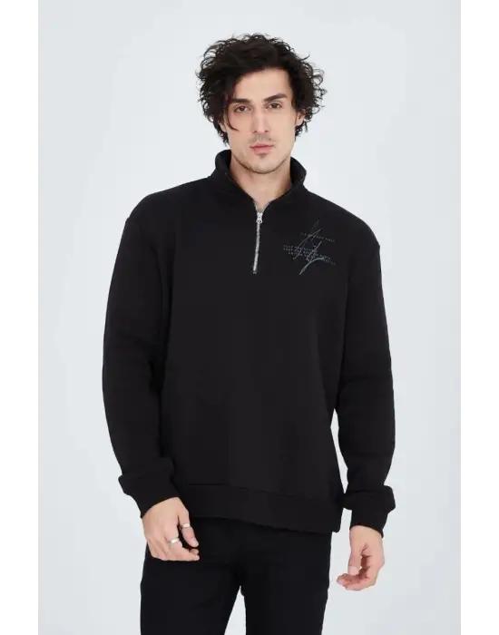 SBRD- Erkek Yarım Fermuarlı Baskılı 3  İplik Pamuklu Sweatshirt - Siyah