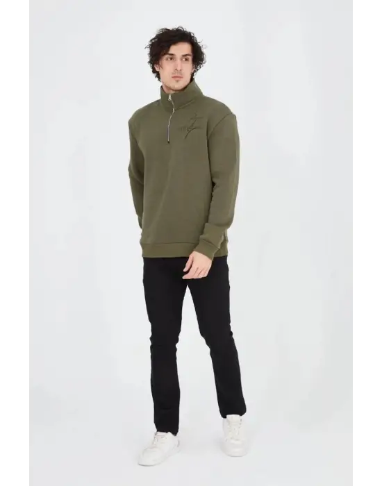 SBRD- Erkek Yarım Fermuarlı Baskılı 3 İplik Pamuklu Sweatshirt - Yeşil