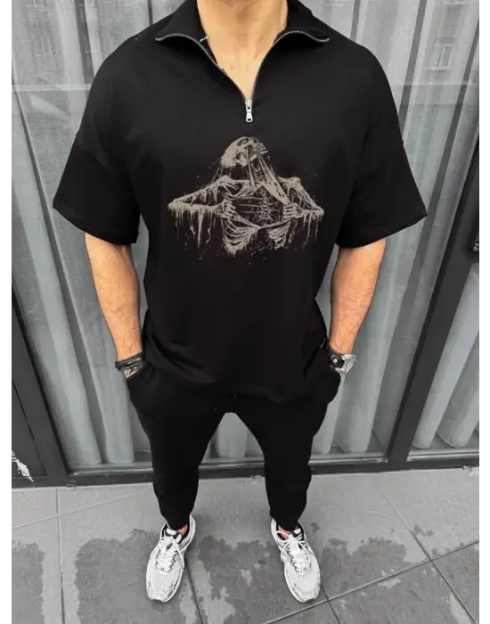 SBRD- Erkek Yarım Fermuarlı Baskılı Oversize T-shirt - Siyah