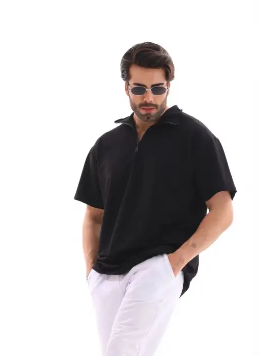 SBRD- Erkek Yarım Fermuarlı Düz Oversize T-shirt - Siyah