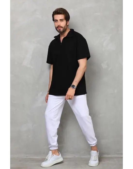 SBRD- Erkek Yarım Fermuarlı Düz Oversize T-shirt - Siyah