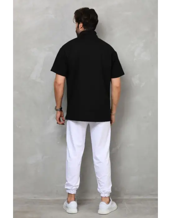 SBRD- Erkek Yarım Fermuarlı Düz Oversize T-shirt - Siyah