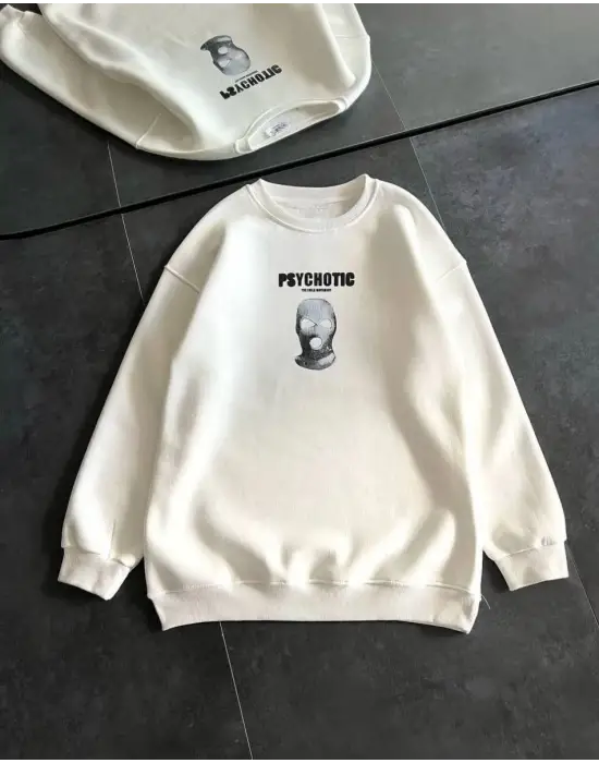 SBRD- Kadın 3 İplik Kışlık Bisiklet Yaka Baskılı Sweatshirt - Beyaz