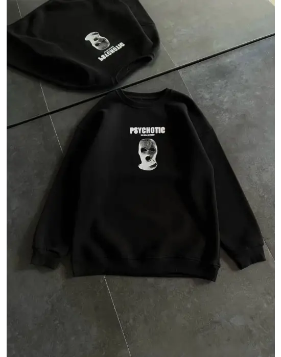 SBRD- Kadın 3 İplik Kışlık Bisiklet Yaka Baskılı Sweatshirt - Siyah
