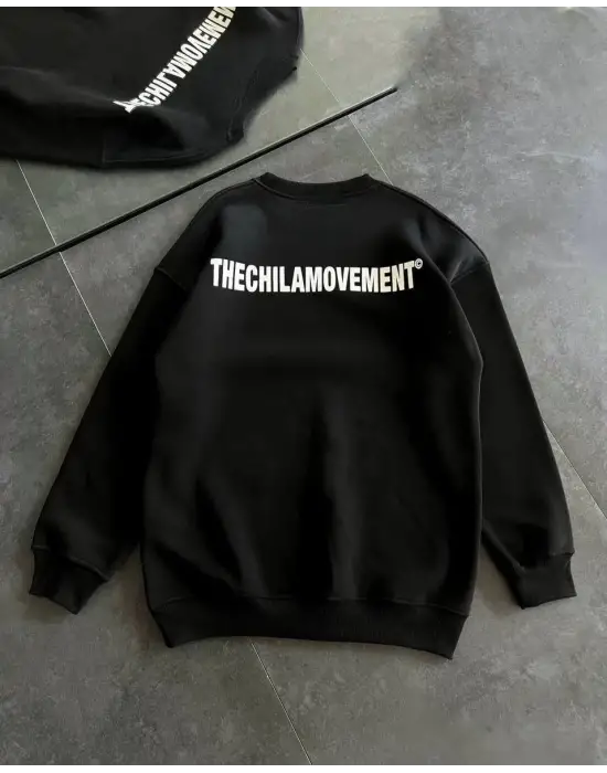 SBRD- Kadın 3 İplik Kışlık Pamuklu Bisiklet Yaka Oversize Baskılı Sweatshirt - Siyah