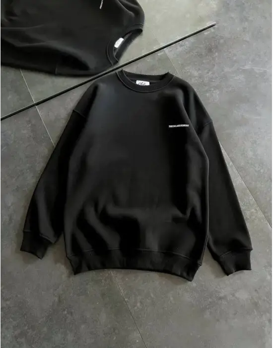 SBRD- Kadın 3 İplik Kışlık Pamuklu Bisiklet Yaka Oversize Baskılı Sweatshirt - Siyah