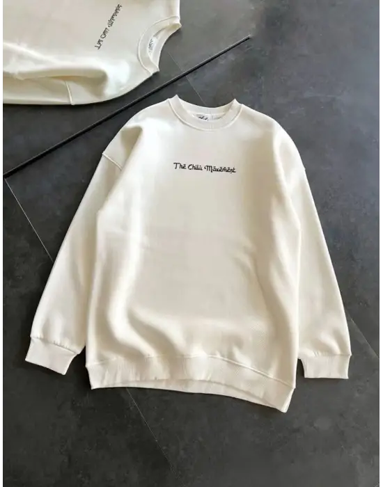 SBRD- Kadın 3 İplik Pamuklu Bisiklet Yaka Baskılı Sweatshirt - Beyaz