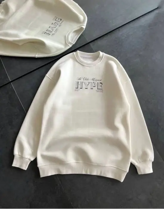 SBRD- Kadın 3 İplik Pamuklu Bisiklet Yaka Baskılı Sweatshirt - Beyaz