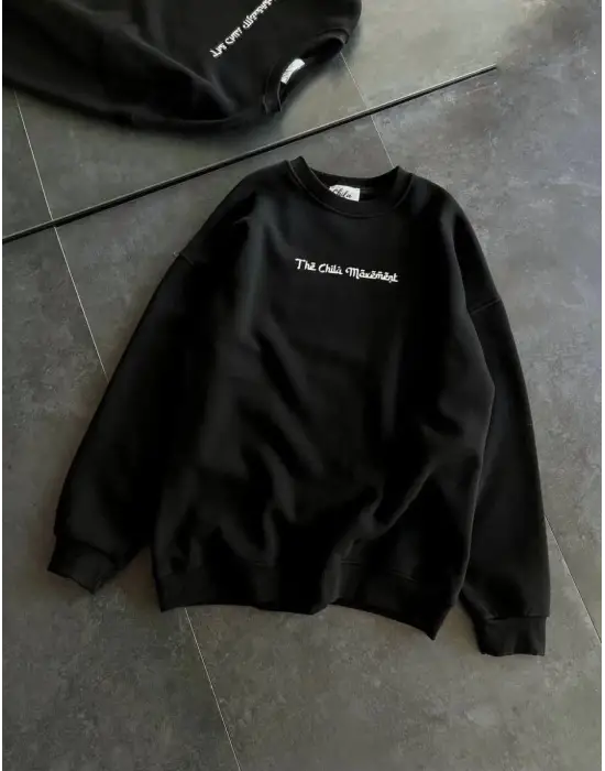 SBRD- Kadın 3 İplik Pamuklu Bisiklet Yaka Baskılı Sweatshirt - Siyah
