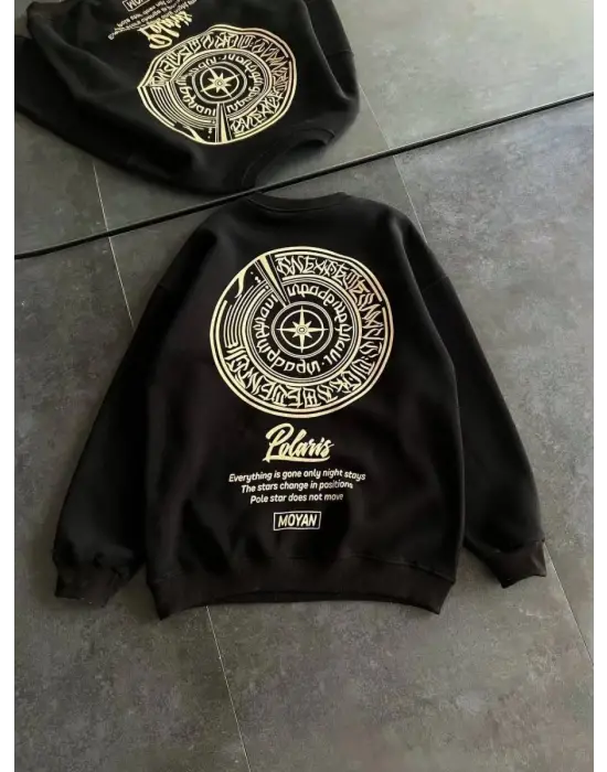 SBRD- Kadın 3 İplik Pamuklu Bisiklet Yaka Baskılı Sweatshirt - Siyah