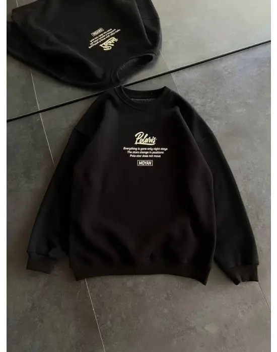 SBRD- Kadın 3 İplik Pamuklu Bisiklet Yaka Baskılı Sweatshirt - Siyah